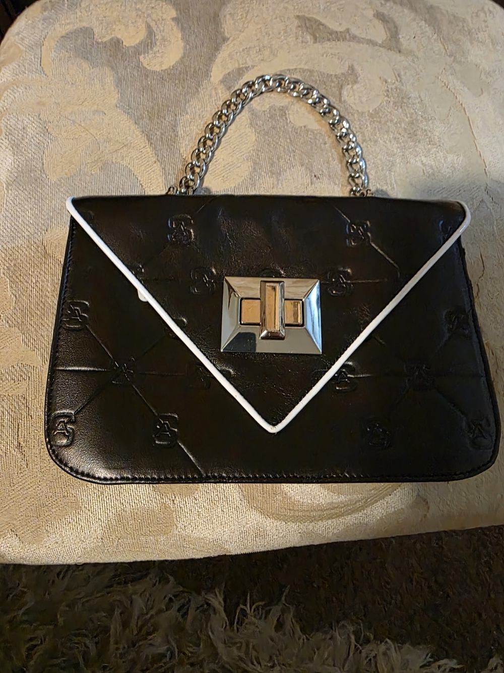 Black Satchel with White Trim and Silver Chain Top Handle